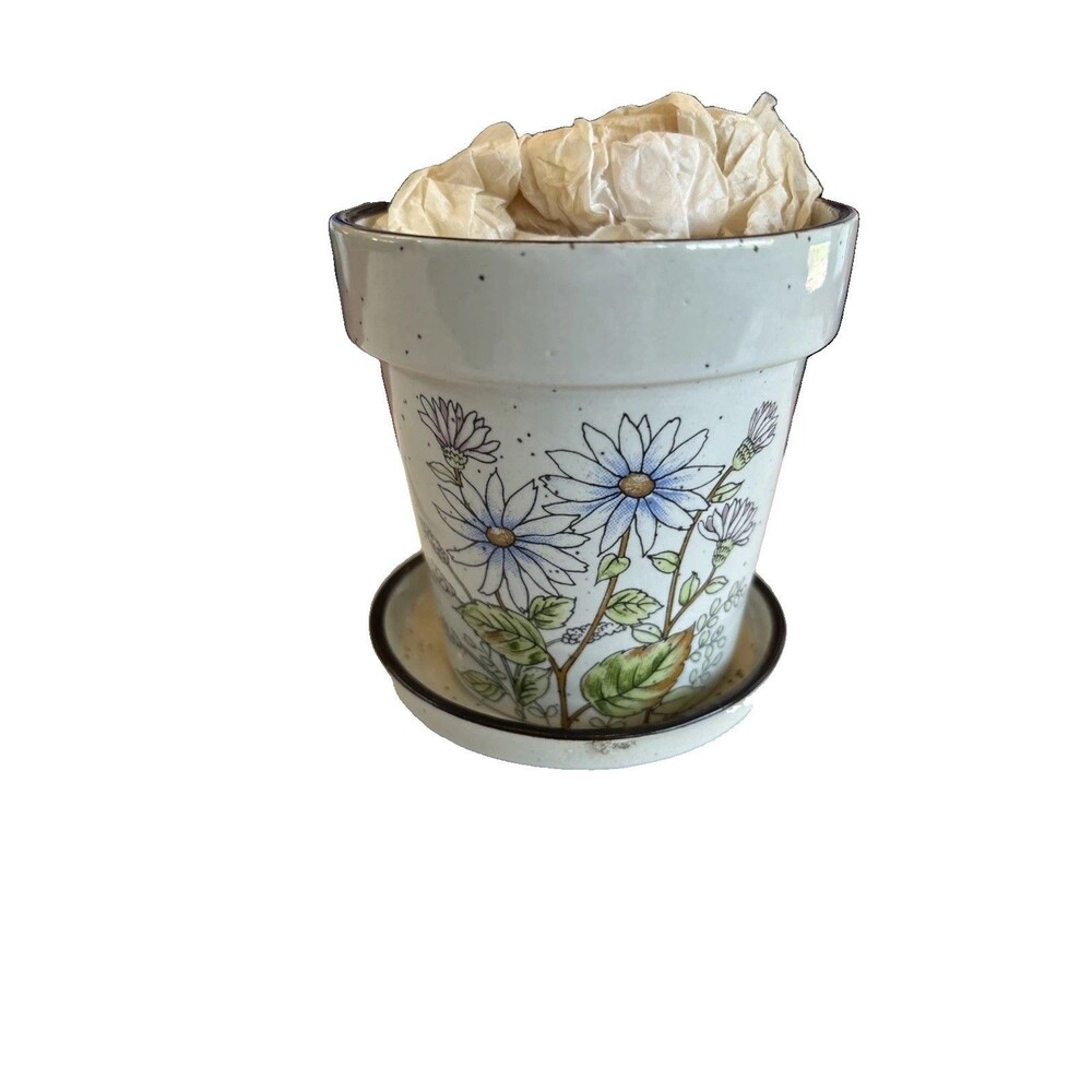Vintage Stoneware Flower Pot Attached Saucer White Brown Speckled Japan New